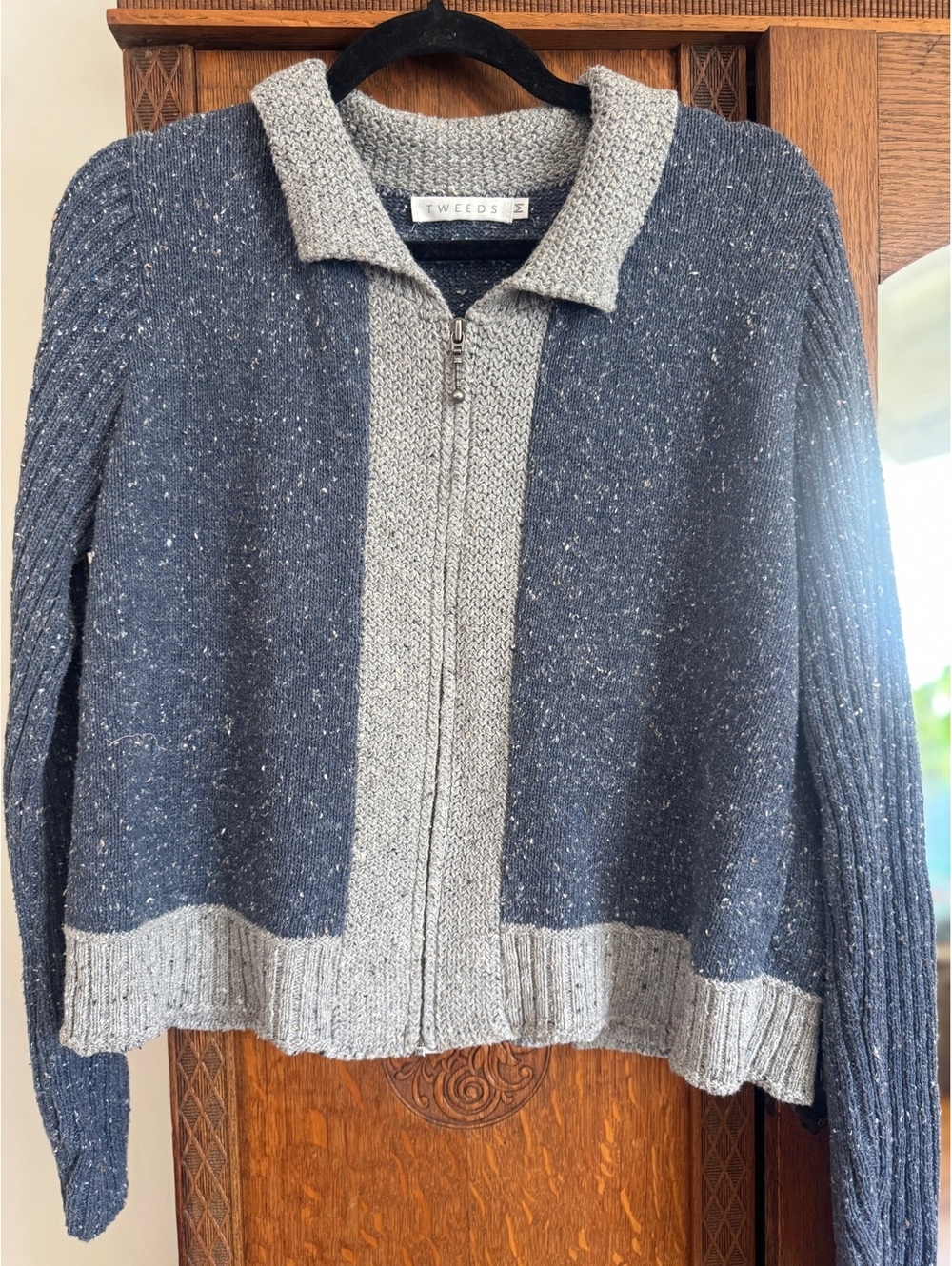 Tweeds Vintage Zip Cardigan Sweater Women Medium Donegal Tweed Cotton Retro